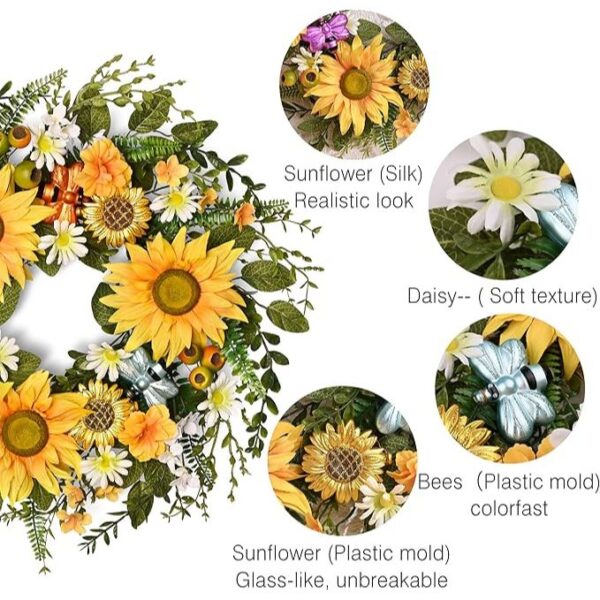 DecorbyHannah Summer Sunflower Wreaths for Front Door Outside All Season, 22 Inch Artificial Flower Spring Door Wreaths with Daisy and Bee, Sunflower Decor for Home Porch, Wedding Housewarming Gifts - Image 3