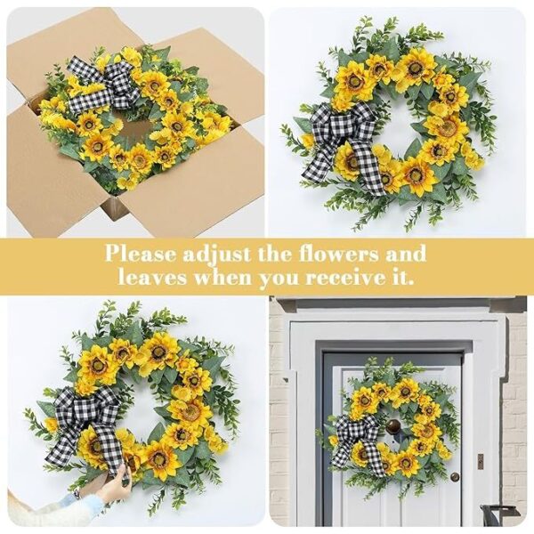 18" Sunflower Wreath for Front Door, Spring Summer Wreath with Artificial Sunflower Daisy Green Leaves, Grapevine Wreath Farmhouse Sunflower Decor for Home Wedding Party Wall Indoor Outside - Image 4