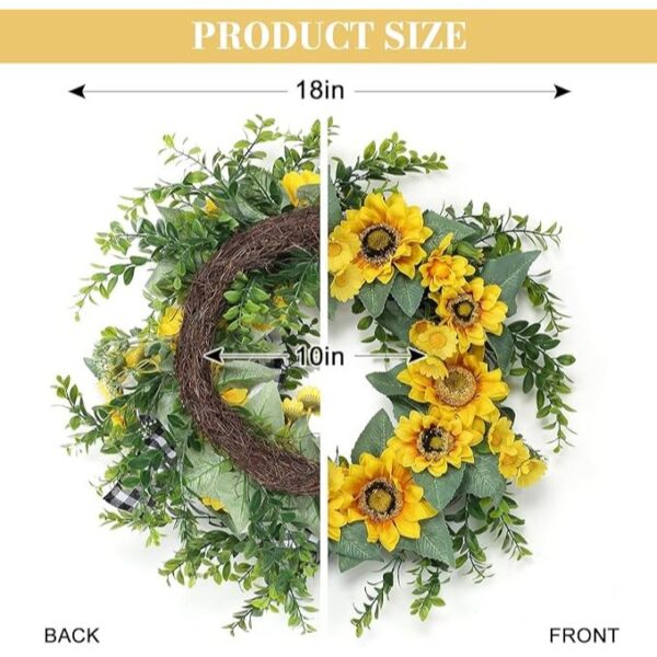 18" Sunflower Wreath for Front Door, Spring Summer Wreath with Artificial Sunflower Daisy Green Leaves, Grapevine Wreath Farmhouse Sunflower Decor for Home Wedding Party Wall Indoor Outside - Image 5