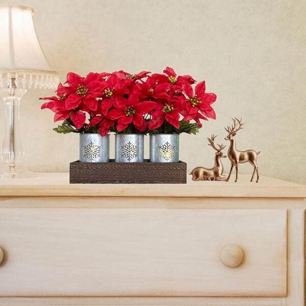 Poinsettias Artificial Christmas Flowers with LED Lights, Red Xmas Table Centerpiece in Pots and Wood Box for Decoration - Image 3