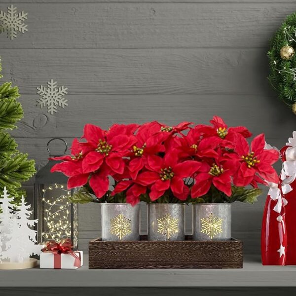 Poinsettias Artificial Christmas Flowers with LED Lights, Red Xmas Table Centerpiece in Pots and Wood Box for Decoration - Image 4