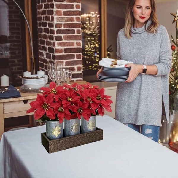 Poinsettias Artificial Christmas Flowers with LED Lights, Red Xmas Table Centerpiece in Pots and Wood Box for Decoration - Image 2