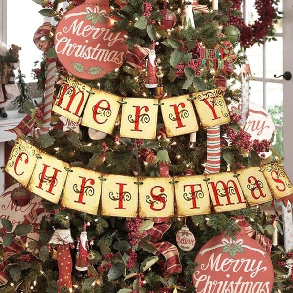 Christmas Decorations - Vintage Merry Christmas Banner - Retro Nostalgic Traditional Old Fashioned Victorian Xmas Holiday Decor for Indoor Home Office Fireplace Mantle Farmhouse - Image 3