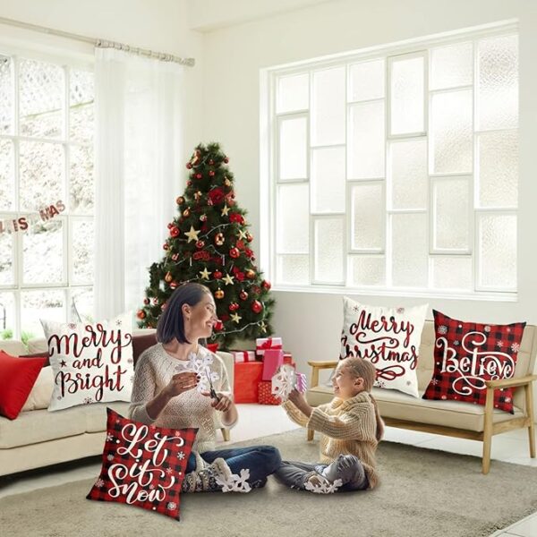 Christmas Decorations Christmas Pillow Covers 18x18 Inches Set of 4 Farmhouse Buffalo Plaid Black and Red Throw Pillow Case Winter Holiday Christmas Decor Home Sofa Couch Cushion Indoor Decorations - Image 5