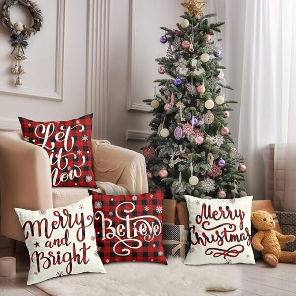 Christmas Decorations Christmas Pillow Covers 18x18 Inches Set of 4 Farmhouse Buffalo Plaid Black and Red Throw Pillow Case Winter Holiday Christmas Decor Home Sofa Couch Cushion Indoor Decorations - Image 4