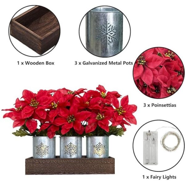 Poinsettias Artificial Christmas Flowers with LED Lights, Red Xmas Table Centerpiece in Pots and Wood Box for Decoration - Image 5