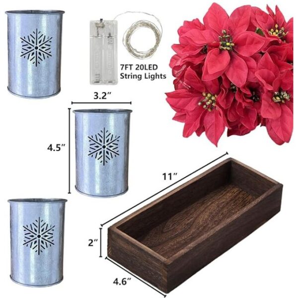 Poinsettias Artificial Christmas Flowers with LED Lights, Red Xmas Table Centerpiece in Pots and Wood Box for Decoration - Image 6