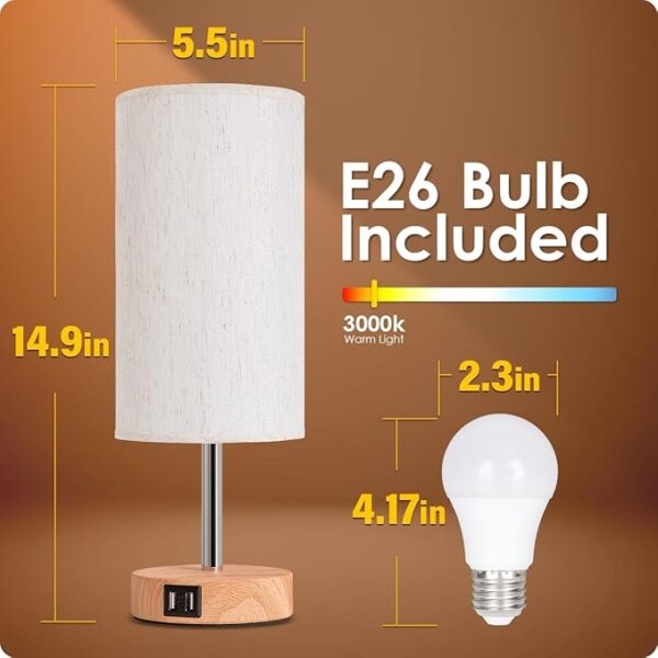 Yarra-Decor Bedside Table Lamp with USB Port - Touch Control for Bedroom Wood 3 Way Dimmable Nightstand Lamp with Round Flaxen Fabric Shade for Living Room, Dorm, Home Office (LED Bulb Included) - Image 5