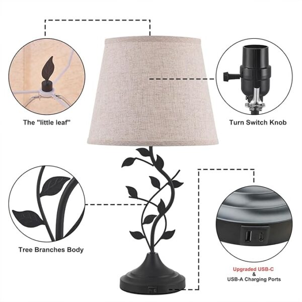 Kakanuo Table Lamp for Bedside, Lamp for Living Room with USB-A and USB-C Charging Ports, Traditional Tall Bedroom Lamp for End Table - Image 3