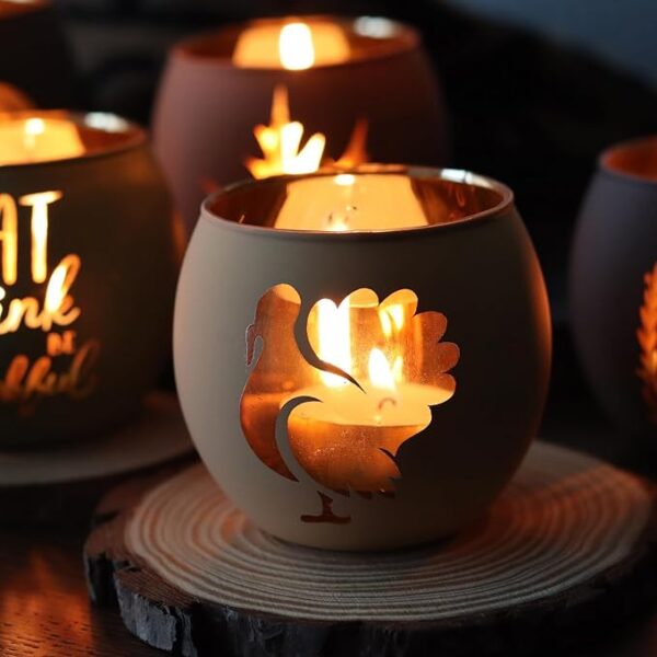 Thanksgiving Votive Candle Holder Set of 6, Glass Votives Holder with 6 Laser Engraving Patterns, Tealight Holders Bulk for Fall Table Centerpiece Decor - Image 4
