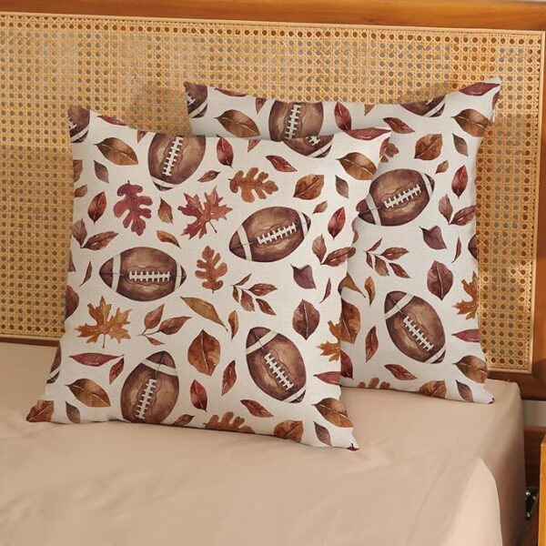 Fall Pillow Covers 18x18 Inch 2 Pcs Brown Football Maple Leaves Decor Throw Pillows Autumn Leaf Thanksgiving Harvest Outdoor Seasonal Decoration Pillowcase Linen Cushion Cover for Couch Sofa - Image 2