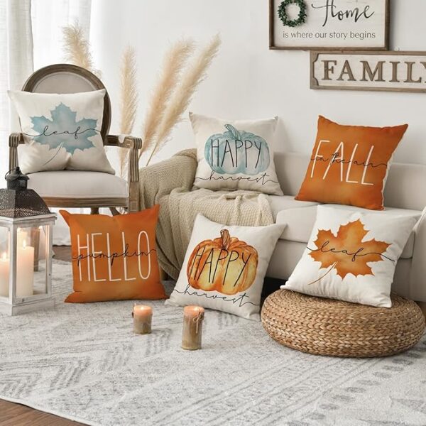 AVOIN colorlife Hello Pumpkin Fall Happy Harvest Maple Leaf Throw Pillow Covers, 18 x 18 Inch Pillows Autumn Seasonal Cushion Case for Sofa Couch Set of 4 - Image 2