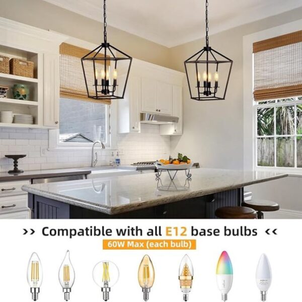 4 Light Chandelier, Industrial Ceiling Light Black Lantern Light Fixtures with Farmhouse Metal Cage Adjustable Height Rustic Geometric Hanging Light E12 Base for Kitchen Island, Entryway, Indoor - Image 3
