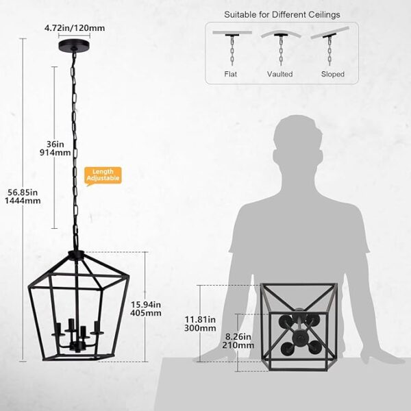 4 Light Chandelier, Industrial Ceiling Light Black Lantern Light Fixtures with Farmhouse Metal Cage Adjustable Height Rustic Geometric Hanging Light E12 Base for Kitchen Island, Entryway, Indoor - Image 2