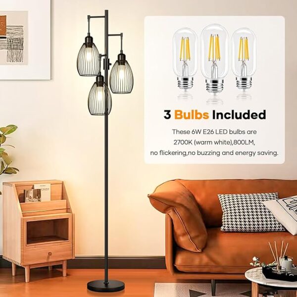 Dimmable Floor Lamp, 3 x 800LM LED Edison Bulbs Included, Farmhouse Industrial Floor Lamp Standing Tree Lamp with Elegant Teardrop Cage Tall Lamps for Living Room Bedroom Office Dining Room-Black - Image 4