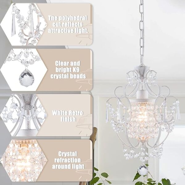 Modern Mini Chandelier,White Retro Crystal Light Fixtures Ceiling Mount 1 Light Small Crystal Chandeliers for Bedroom Elegant Hanging Lighting for Girls Room Dining Room Closet Kitchen Island - Image 5