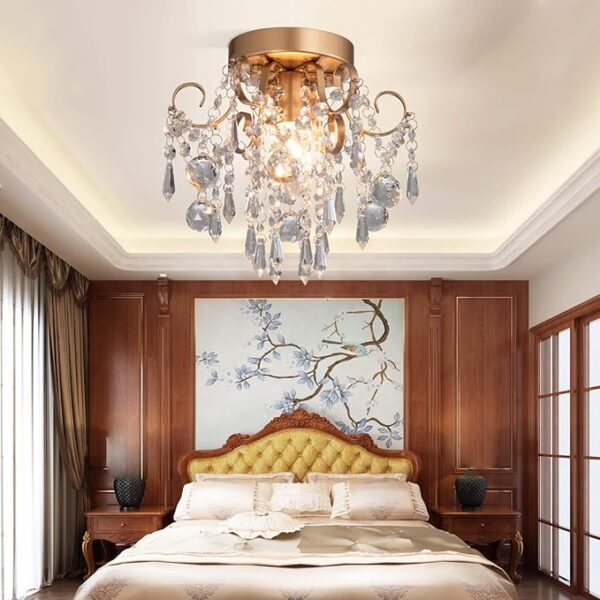 Q&S Mini Chandelier Crystal Ceiling Light,Small Flush Mount Gold Light Fixture for Entryway Bedroom Barthroom Hallway Closet E26 - Image 5