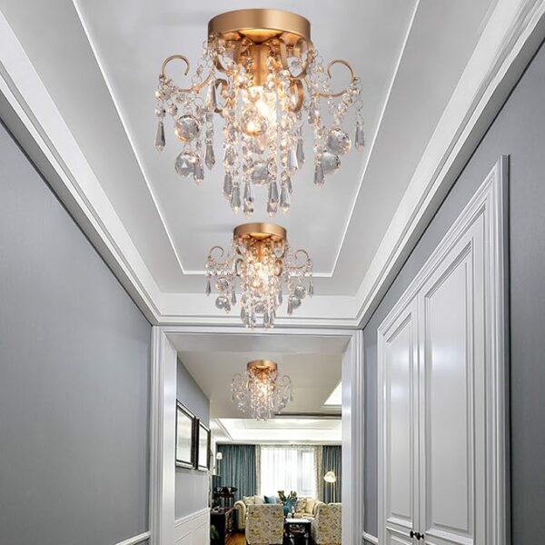 Q&S Mini Chandelier Crystal Ceiling Light,Small Flush Mount Gold Light Fixture for Entryway Bedroom Barthroom Hallway Closet E26 - Image 3