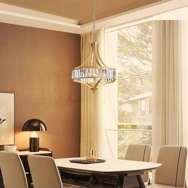 Modern Gold Crystal Chandeliers for Dining Room Pendant 4-Light Rustic Farmhouse Chandelier with Round Metal Lampshade for Living Room Kitchen Island Hallway Bedroom Foyer - Image 6