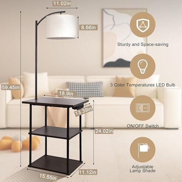 PESRAE Floor Lamp with Table, End Tables with Charging Station(USB & Type-C & AC Port), 3 Color Temperatures 9W LED Bulb, Modern Shelves Side Table for Bedroom, Living Room - Image 4