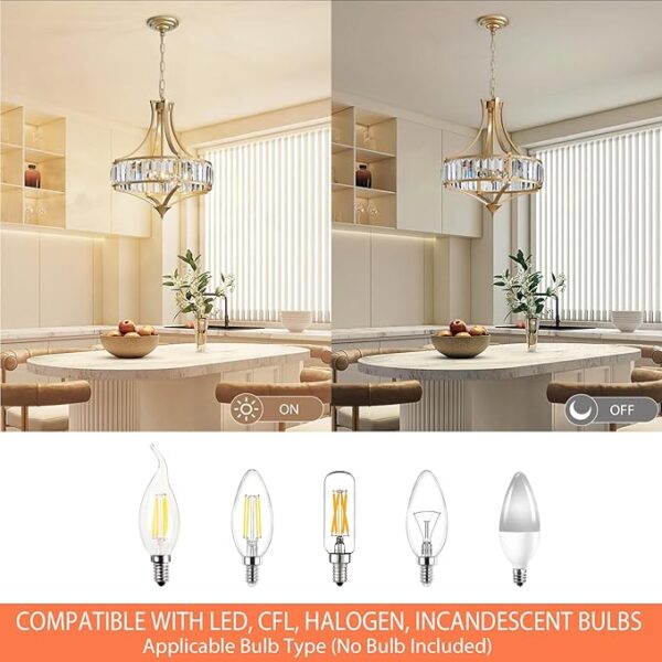 Modern Gold Crystal Chandeliers for Dining Room Pendant 4-Light Rustic Farmhouse Chandelier with Round Metal Lampshade for Living Room Kitchen Island Hallway Bedroom Foyer - Image 3
