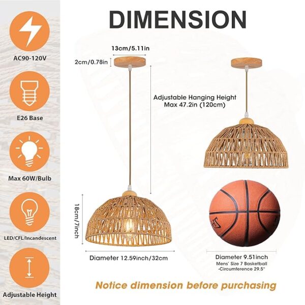 Boho Pendant Light Fixture Kitchen Chandelier Rattan Hanging Light Flush Mount Ceiling Light Boho Lamp Shade Wooden Base Bohemian Chandeliers for Hallway Bedroom Chandelier Dinning Light Fixture - Image 5
