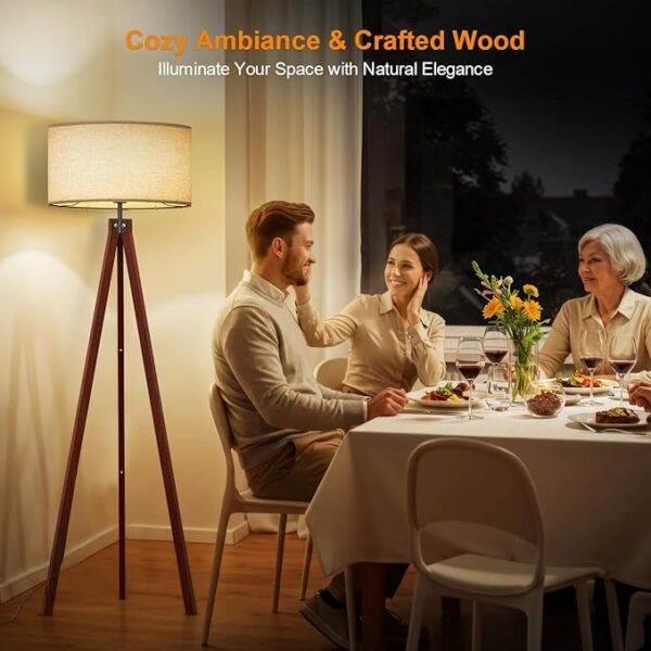 LEPOWER Wood Tripod Floor Lamp, Mid Century Standing Lamp, Modern Design Studying Light for Living Room, Bedroom, Study Room and Office, Flaxen Linen Shade with E26 Base Brown - Image 4