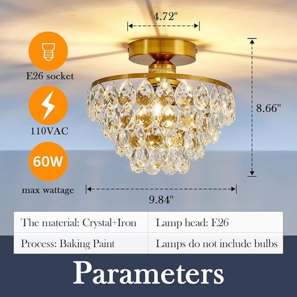 YYJLX Modern E26 Small Crystal Chandelier Semi Flush Mount Ceiling Light Fixture Gold Ceiling Lamp for Hallway Bedroom Bathroom Closet Bedroom Foyer - Image 2