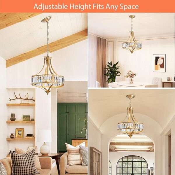 Modern Gold Crystal Chandeliers for Dining Room Pendant 4-Light Rustic Farmhouse Chandelier with Round Metal Lampshade for Living Room Kitchen Island Hallway Bedroom Foyer - Image 5