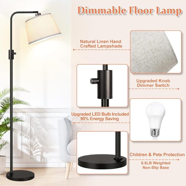 Dimmable Floor Lamp, 1000 Lumens LED Edison Bulb Included, Arc Floor Lamps for Living Room Modern Standing Lamp with Linen Shade, Tall Lamp for Bedroom Office Dining Room- Black - Image 4
