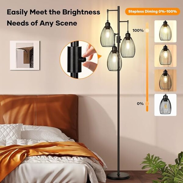 Dimmable Floor Lamp, 3 x 800LM LED Edison Bulbs Included, Farmhouse Industrial Floor Lamp Standing Tree Lamp with Elegant Teardrop Cage Tall Lamps for Living Room Bedroom Office Dining Room-Black - Image 3
