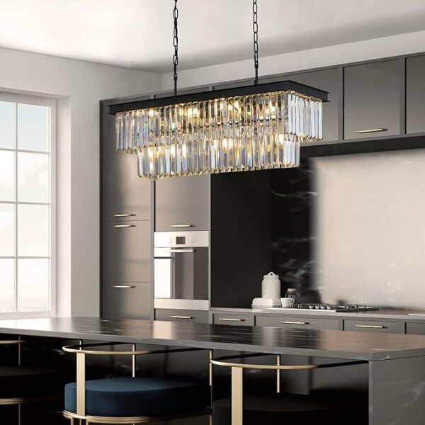 Crystal Chandeliers for Dining Room 11-Light Black Modern Chandelier Rectangle Contemporary Pendant Light Fixture for Kitchen Island Bar L33.5 Inch - Image 5