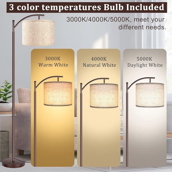 Rottogoon Floor Lamp for Living Room, LED Standing Lamp Tall Industrial Floor Lamp Reading for Bedroom, Office (9W LED Bulb, Beige Lampshade Included) -Oil-Rubbed Bronze - Image 2