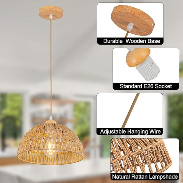 Boho Pendant Light Fixture Kitchen Chandelier Rattan Hanging Light Flush Mount Ceiling Light Boho Lamp Shade Wooden Base Bohemian Chandeliers for Hallway Bedroom Chandelier Dinning Light Fixture - Image 6