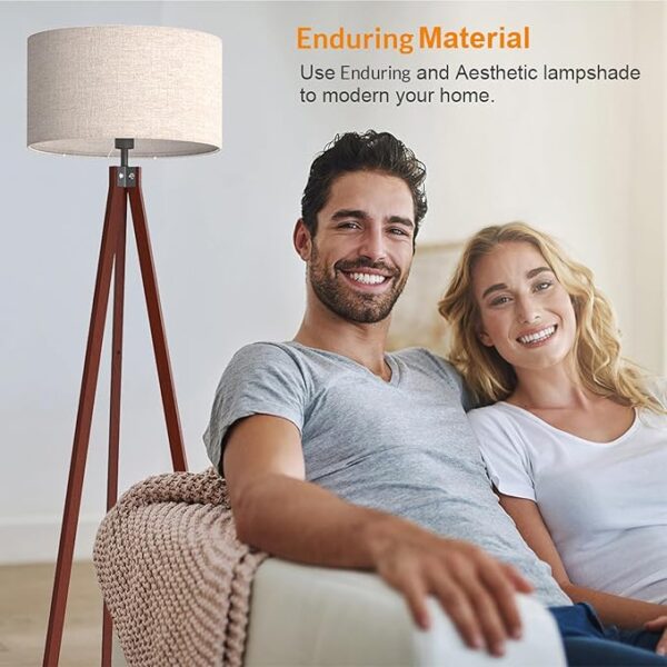 LEPOWER Wood Tripod Floor Lamp, Mid Century Standing Lamp, Modern Design Studying Light for Living Room, Bedroom, Study Room and Office, Flaxen Linen Shade with E26 Base Brown - Image 5