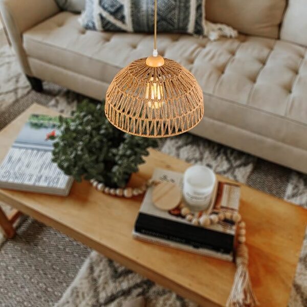 Boho Pendant Light Fixture Kitchen Chandelier Rattan Hanging Light Flush Mount Ceiling Light Boho Lamp Shade Wooden Base Bohemian Chandeliers for Hallway Bedroom Chandelier Dinning Light Fixture - Image 3