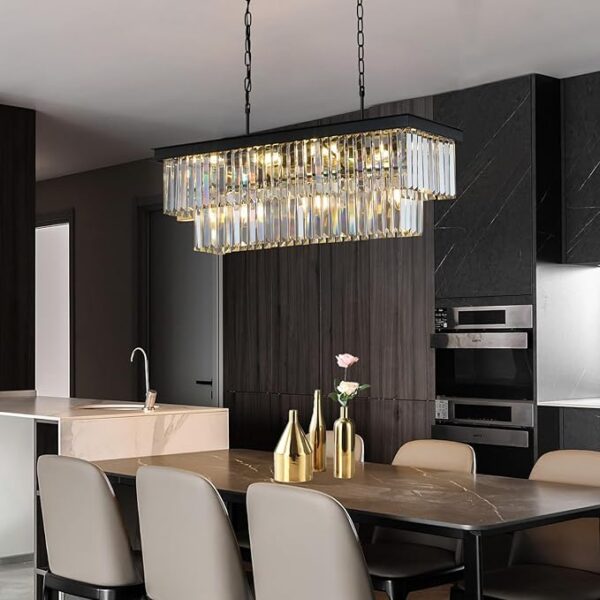 Crystal Chandeliers for Dining Room 11-Light Black Modern Chandelier Rectangle Contemporary Pendant Light Fixture for Kitchen Island Bar L33.5 Inch - Image 4