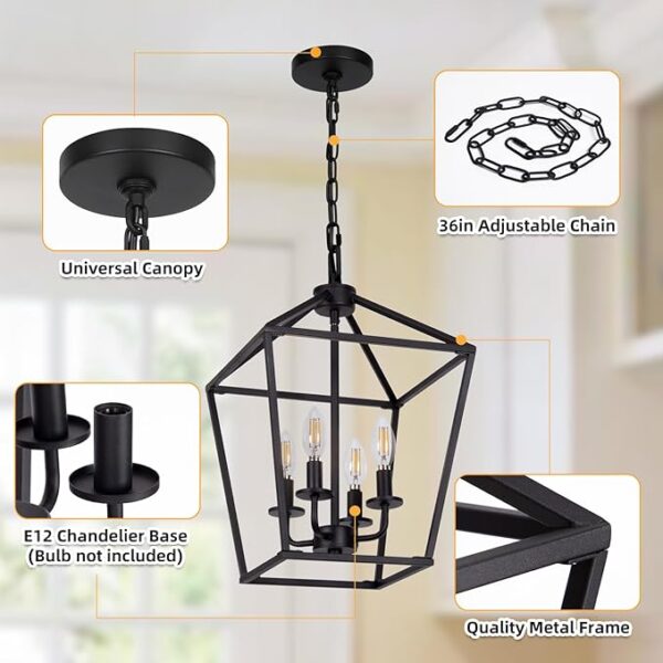 4 Light Chandelier, Industrial Ceiling Light Black Lantern Light Fixtures with Farmhouse Metal Cage Adjustable Height Rustic Geometric Hanging Light E12 Base for Kitchen Island, Entryway, Indoor - Image 4