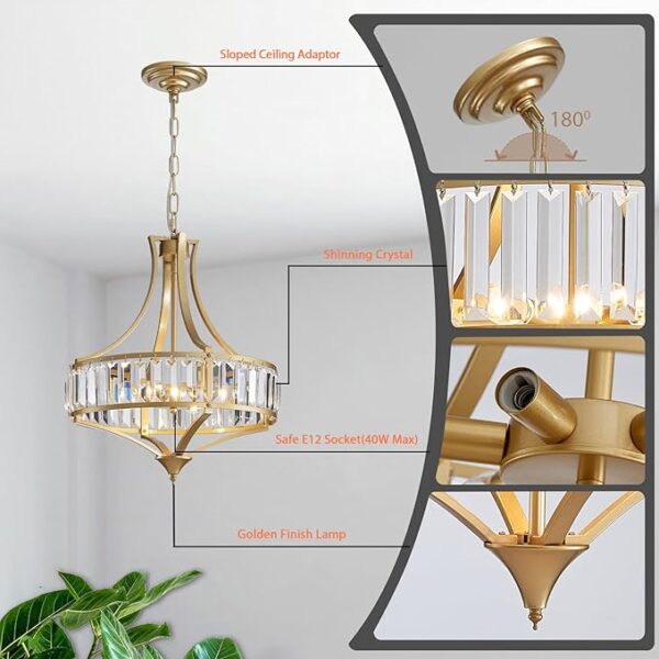 Modern Gold Crystal Chandeliers for Dining Room Pendant 4-Light Rustic Farmhouse Chandelier with Round Metal Lampshade for Living Room Kitchen Island Hallway Bedroom Foyer - Image 4