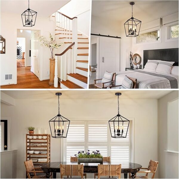 4 Light Chandelier, Industrial Ceiling Light Black Lantern Light Fixtures with Farmhouse Metal Cage Adjustable Height Rustic Geometric Hanging Light E12 Base for Kitchen Island, Entryway, Indoor - Image 5