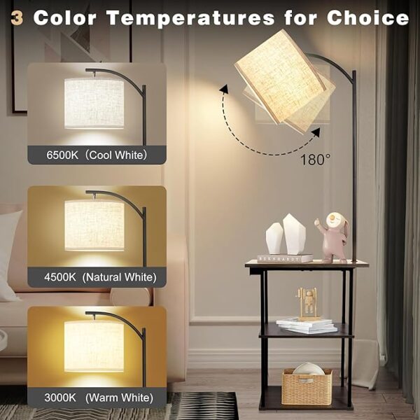 PESRAE Floor Lamp with Table, End Tables with Charging Station(USB & Type-C & AC Port), 3 Color Temperatures 9W LED Bulb, Modern Shelves Side Table for Bedroom, Living Room - Image 3