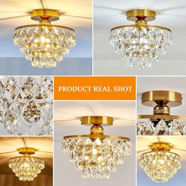 YYJLX Modern E26 Small Crystal Chandelier Semi Flush Mount Ceiling Light Fixture Gold Ceiling Lamp for Hallway Bedroom Bathroom Closet Bedroom Foyer - Image 4