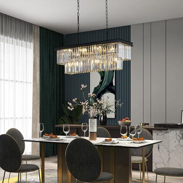 Crystal Chandeliers for Dining Room 11-Light Black Modern Chandelier Rectangle Contemporary Pendant Light Fixture for Kitchen Island Bar L33.5 Inch - Image 2