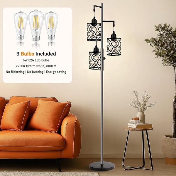 Dimmable Farmhouse Floor Lamp, Industrial Floor Lamp for Living Room with 3 X 6W LED Bulbs, 3 Light Rustic Standing Tall Lamp for Bedroom, Office, 68" - Image 3
