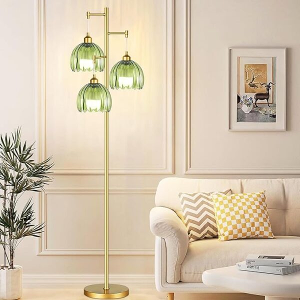 Gold Floor Lamps for Living Room Bedroom-3 Light Green Glass Floor Lamp with Three Led Bulb, Rustic Tall Floor Lamp Gold Standing Lamp Tree Floor Lamps for Living Room Bedroom,Office,Corner - Image 2