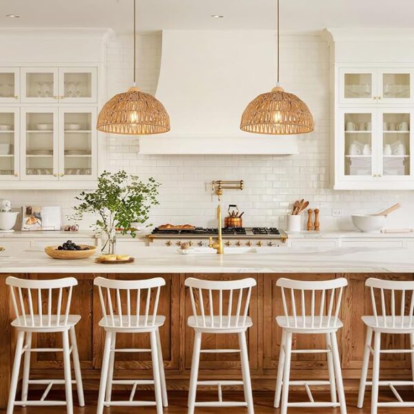 Boho Pendant Light Fixture Kitchen Chandelier Rattan Hanging Light Flush Mount Ceiling Light Boho Lamp Shade Wooden Base Bohemian Chandeliers for Hallway Bedroom Chandelier Dinning Light Fixture - Image 2