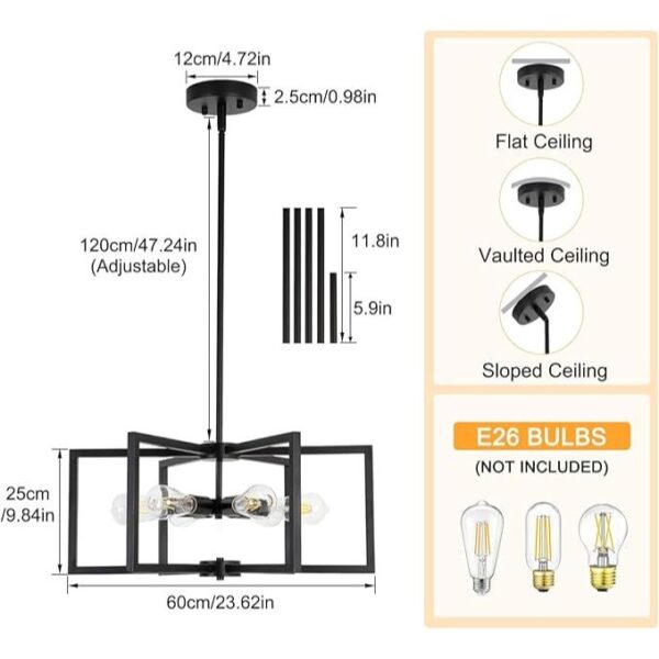 23.6” Black Chandelier for Dining Room 6 Light Kitchen Chandelier over Table Farmhouse Dining Room Light Fixtures Over Table,Hanging Pendant Light Fixture with Adjustable Height for Entryway,Foyer - Image 2