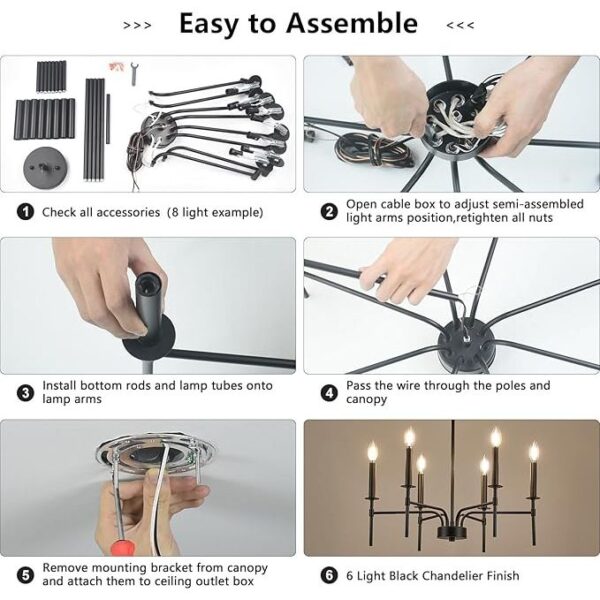 Qamra Metal 6 Lights Black Chandeliers for Dining Room, Farmhouse Dining Room Light Fixture,Small Candle Chandeliers Hanging Over Table Living Room Kitchen Bedroom Foyer Entryway(Bulbs Not Included) - Image 5