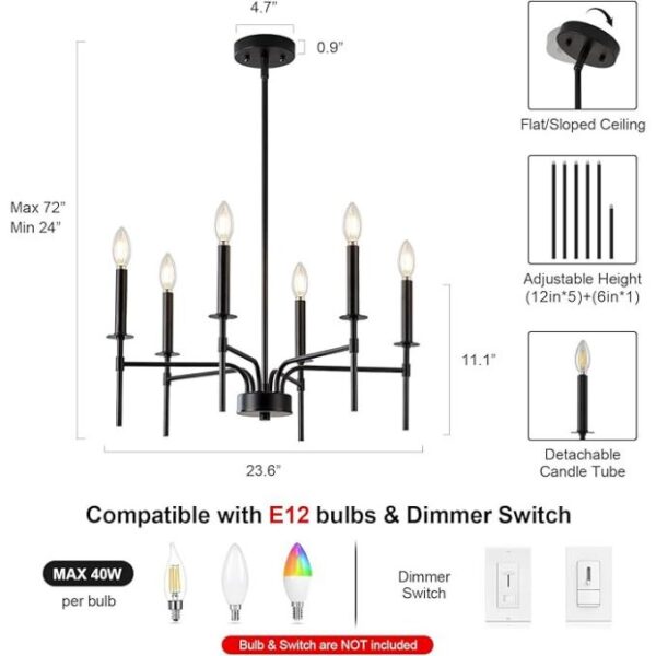 Qamra Metal 6 Lights Black Chandeliers for Dining Room, Farmhouse Dining Room Light Fixture,Small Candle Chandeliers Hanging Over Table Living Room Kitchen Bedroom Foyer Entryway(Bulbs Not Included) - Image 3