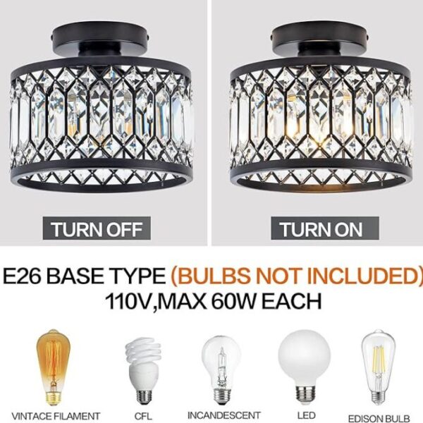 Crystal Ceiling Light Fixture, Modern Semi Flush Mount Ceiling Light,Crystal Chandelier for Kitchen Bedroom Bathroom Entryway Black (Bulb not Included) - Image 2